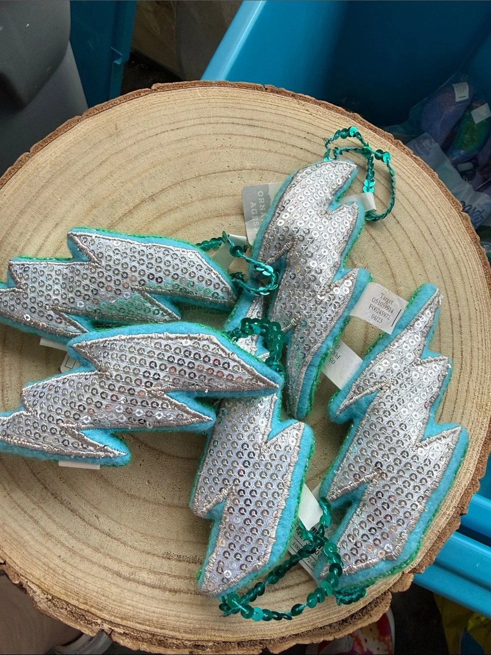 NWT set of 5 Sequin Lightning Bolts Ornaments - Silver & Turquoise
